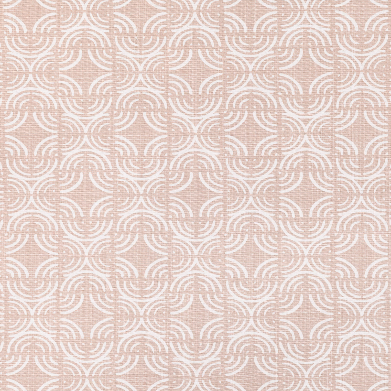 Dusty rose pink fabric with repeating white curved motifs and fine texture
