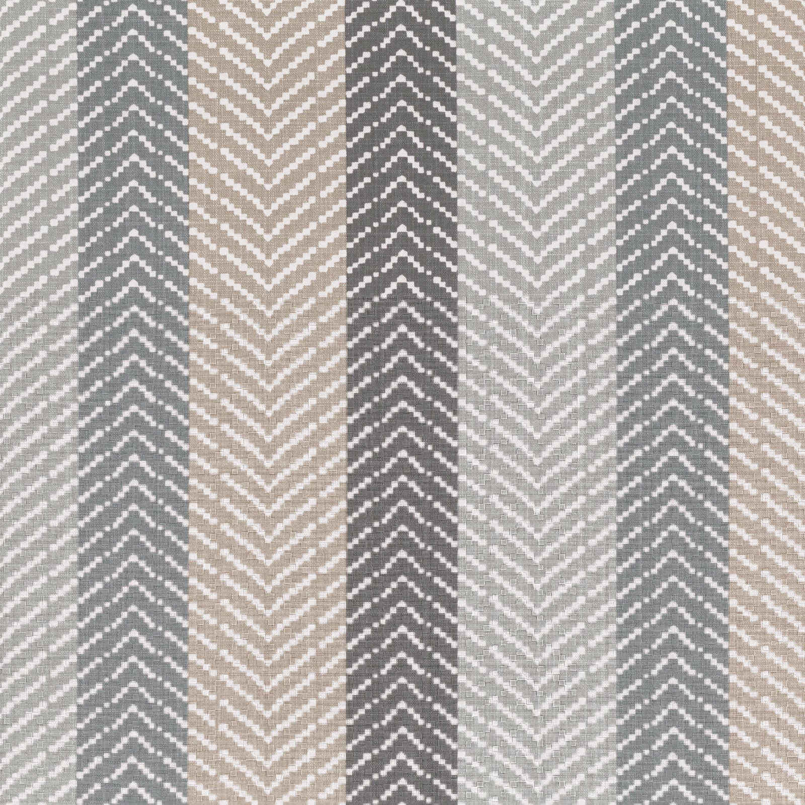 Charcoal, cool grey and taupe vertical chevron stripes in a woven textile