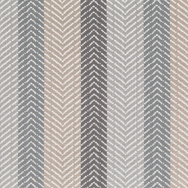 Charcoal, cool grey and taupe vertical chevron stripes in a woven textile