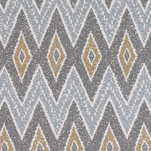 Chalk, blue-grey and charcoal geometric fabric with muted ochre diamond motifs