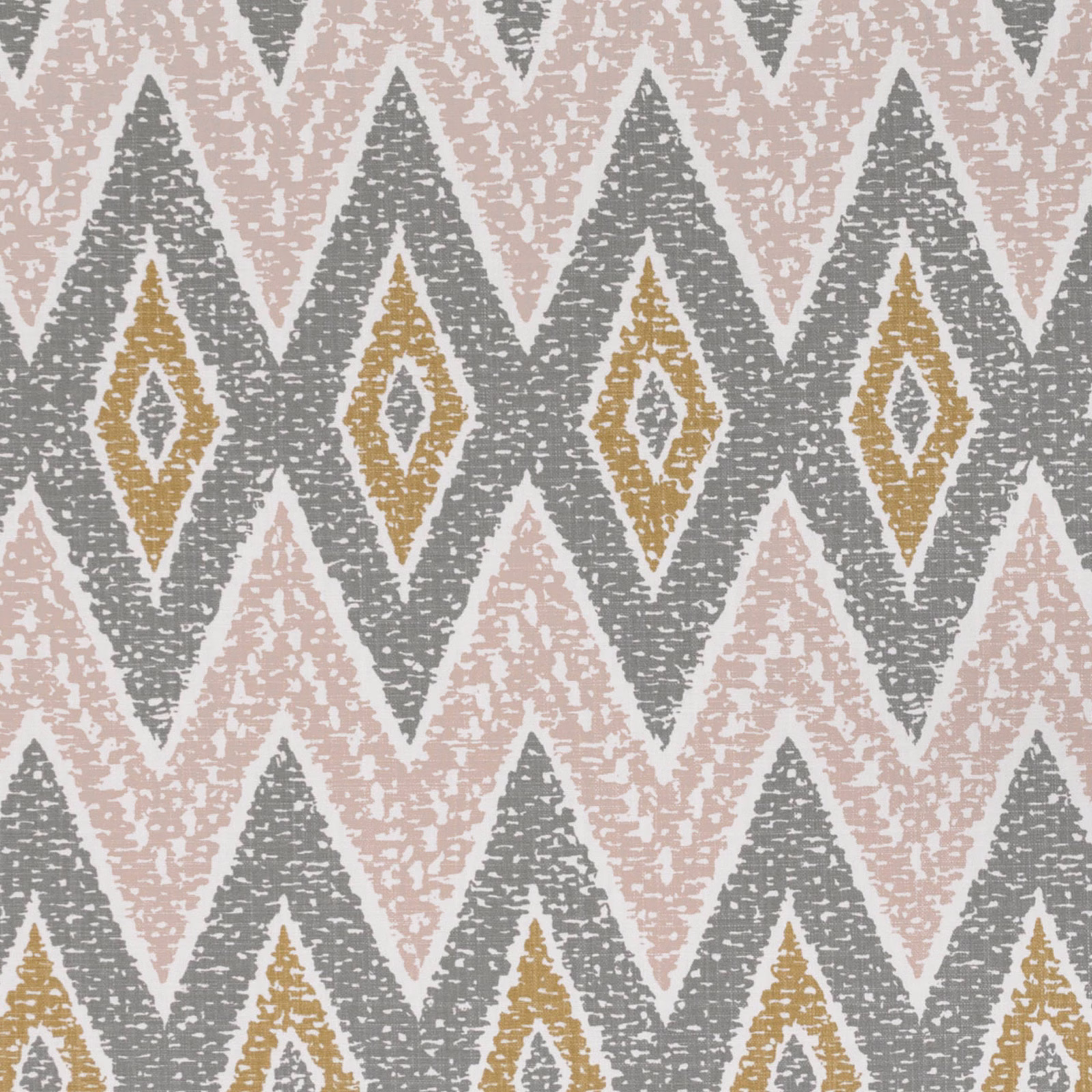 Grey, blush-pink and ochre diamond-chevron textile with a visibly broken, tactile surface