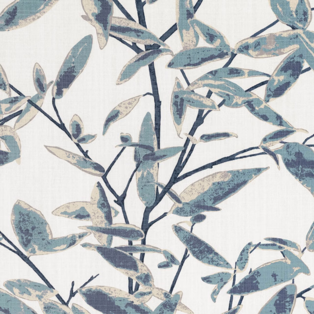 Cream textile with painterly blue-teal leafy branches and deep blue-grey stems