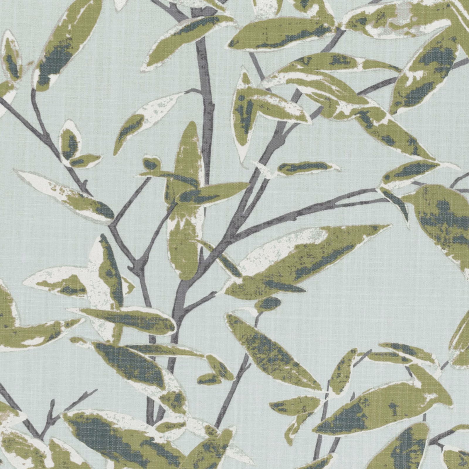 Pale blue-green fabric with olive leaves and charcoal botanical branches