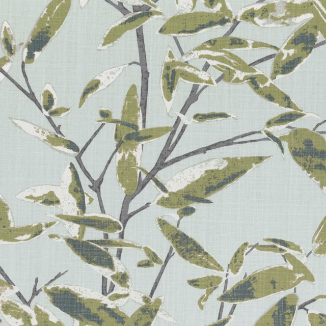 Pale blue-green fabric with olive leaves and charcoal botanical branches