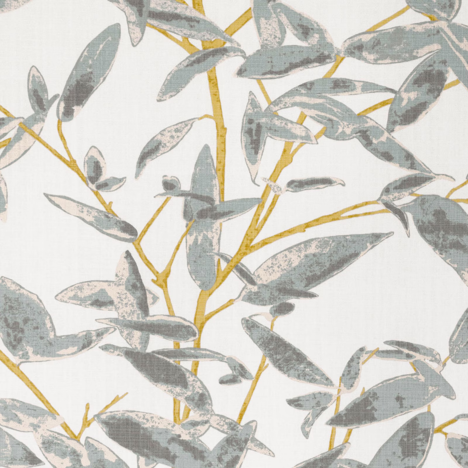 Warm ivory fabric with painterly grey leaves and ochre-gold branching stems