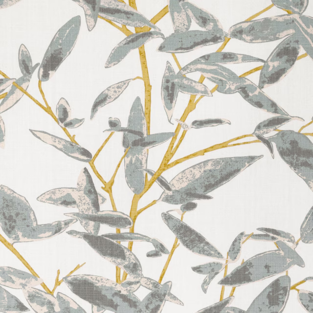 Warm ivory fabric with painterly grey leaves and ochre-gold branching stems