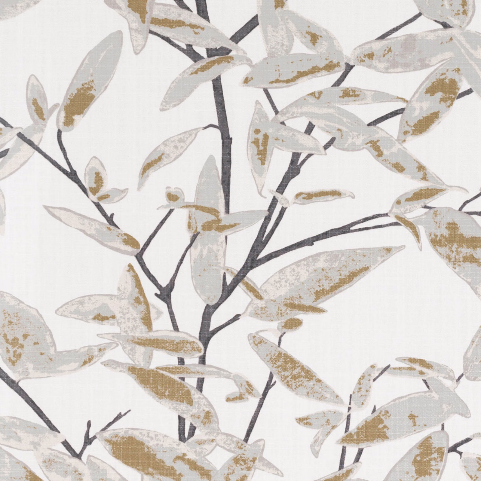 Cream botanical fabric with taupe leaves, teak-brown marks and charcoal branching stems