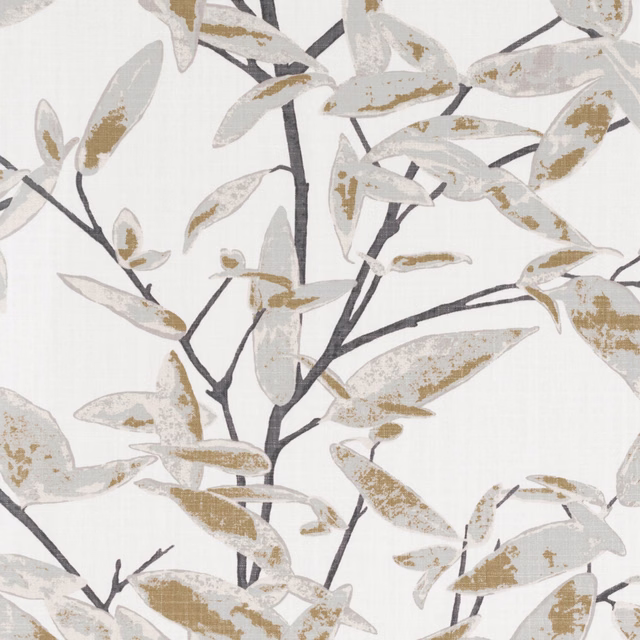 Cream botanical fabric with taupe leaves, teak-brown marks and charcoal branching stems