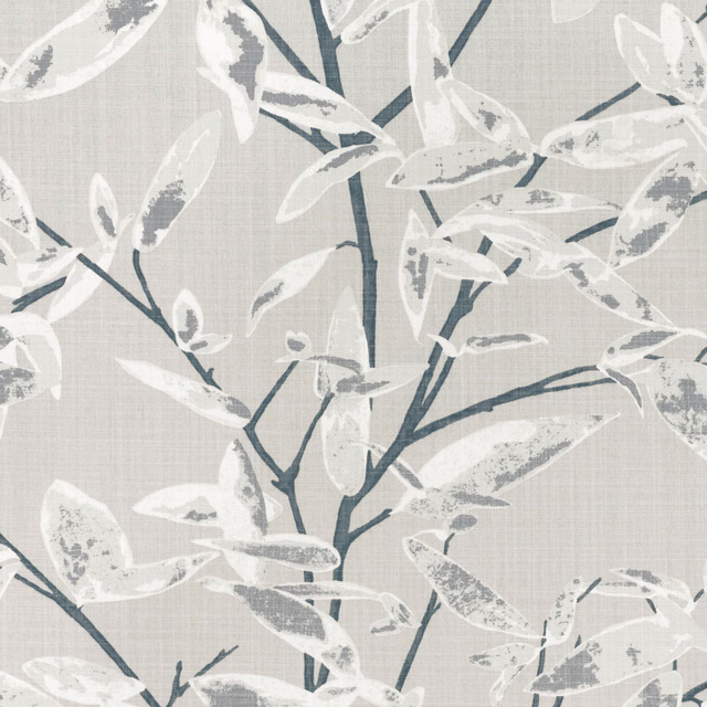 Pale dove-grey botanical fabric with ivory leaves and blue-charcoal branching stems