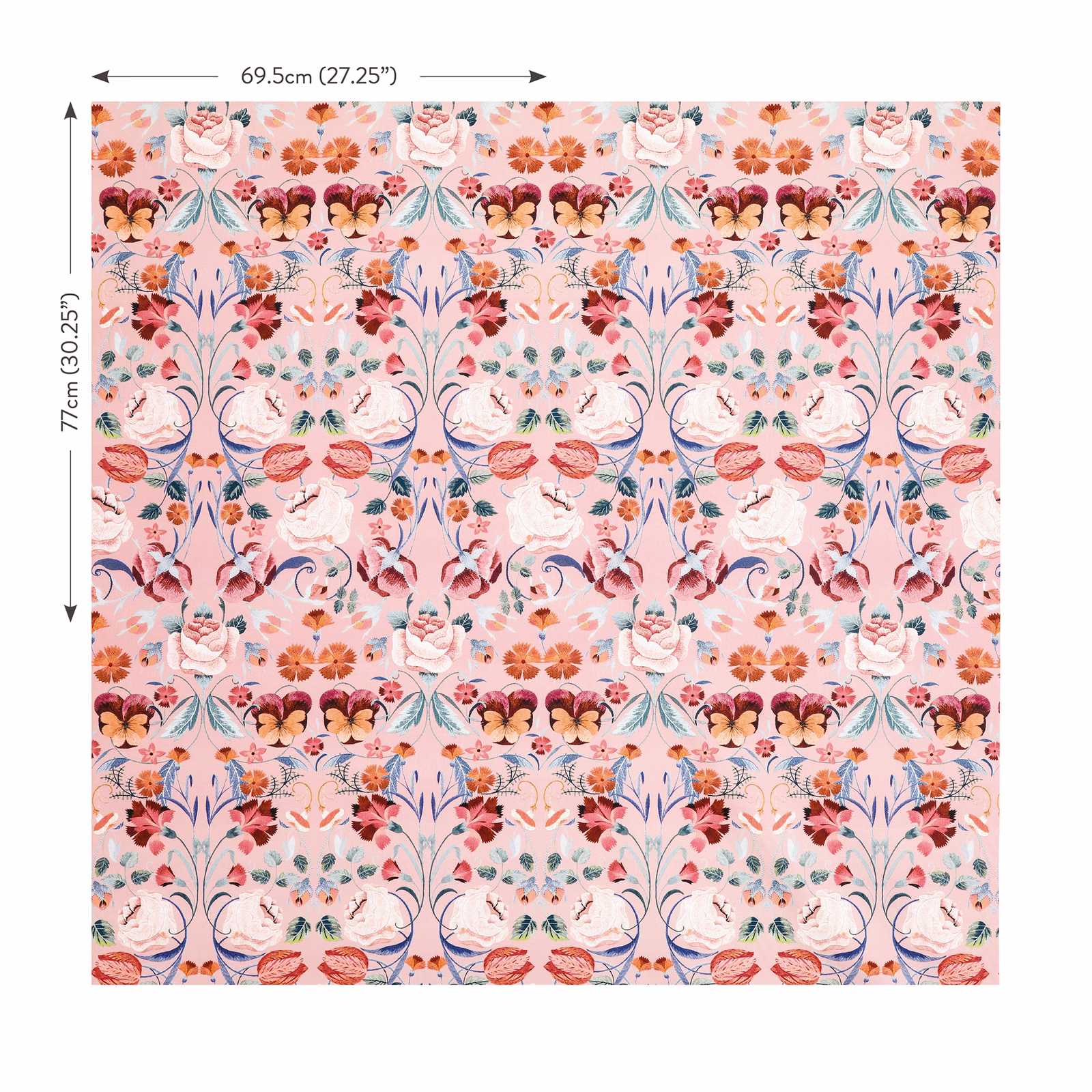 Blush-pink Bonita print with coral flowers, blue foliage and cream bird-like motifs