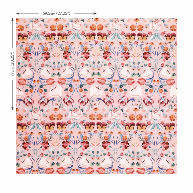 Blush-pink Bonita print with coral flowers, blue foliage and cream bird-like motifs