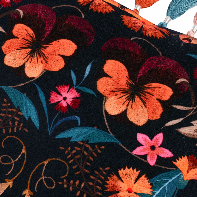 Black velvet with large coral flowers, burgundy petals, teal leaves and vivid pink blossoms