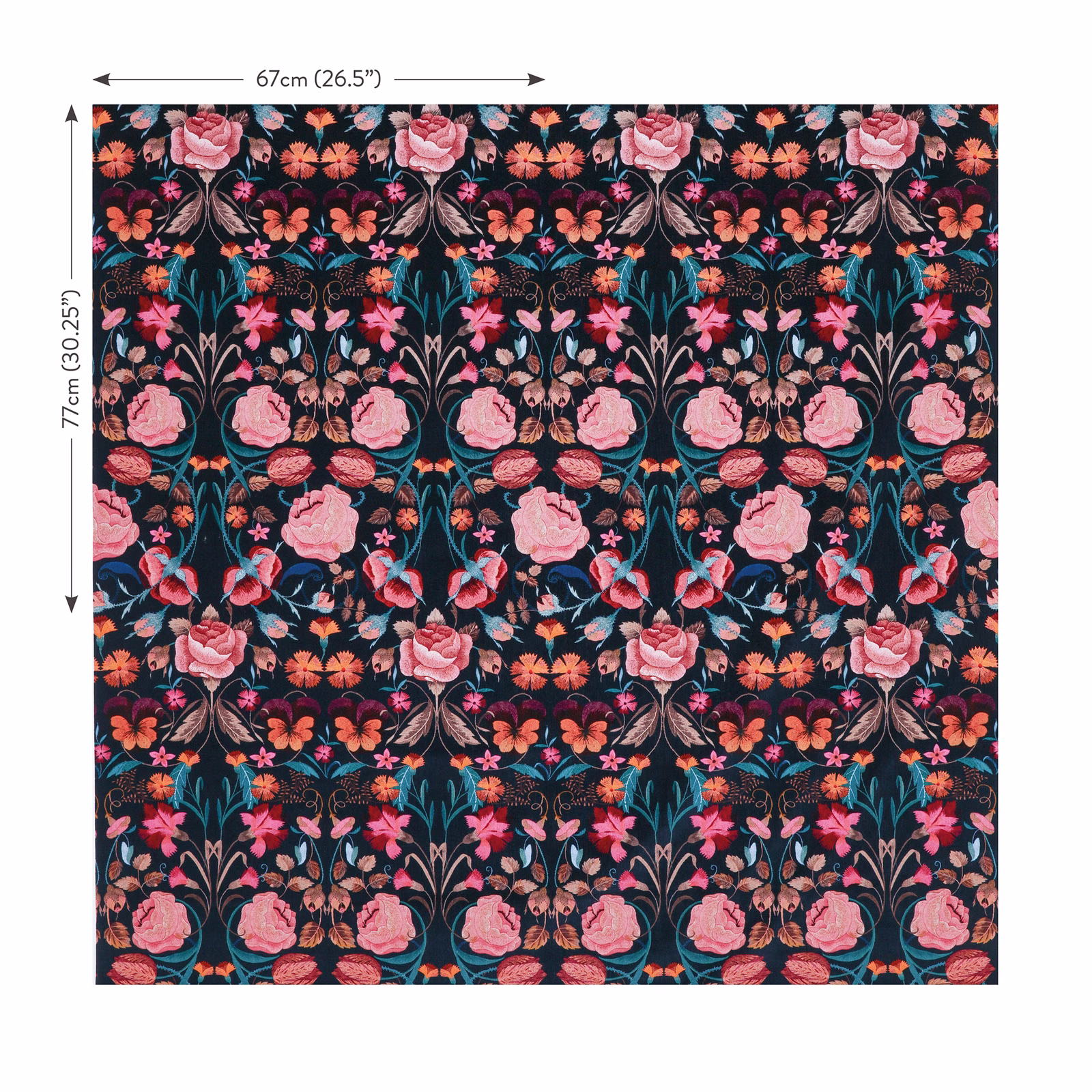 Dark velvet with repeating pink roses, coral flowers, teal leaves and orange sprigs