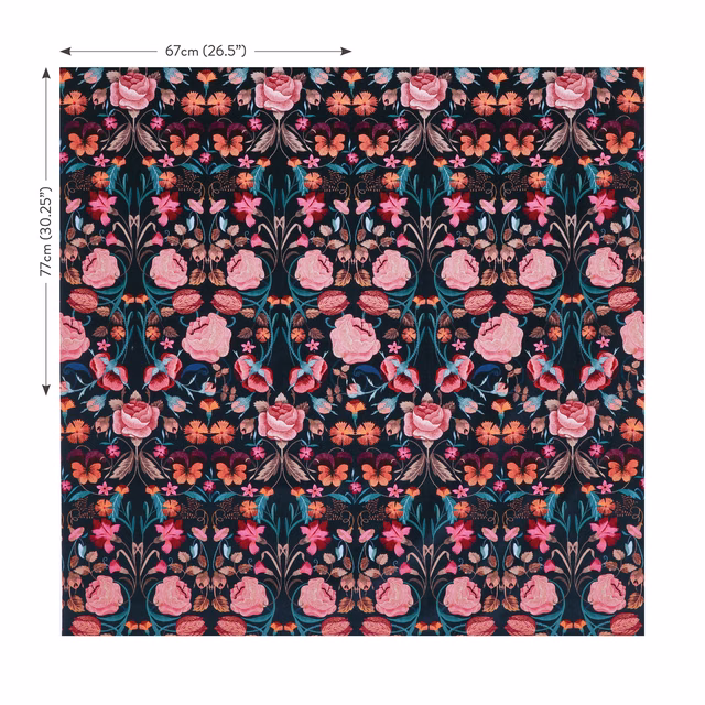 Dark velvet with repeating pink roses, coral flowers, teal leaves and orange sprigs