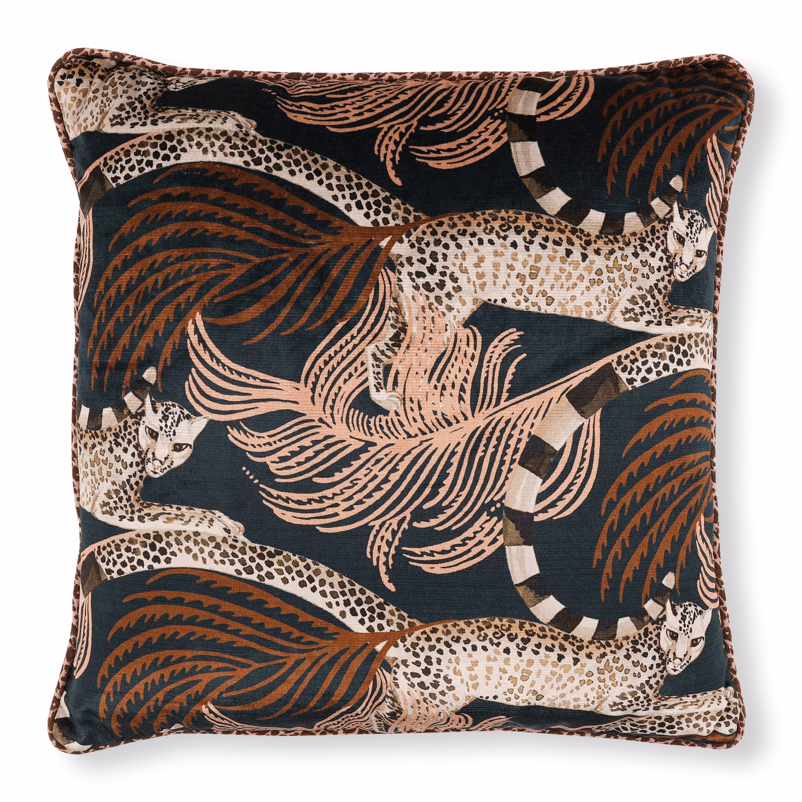 Deep teal velvet cushion with rust leopards, blush foliage and cream spotted forms