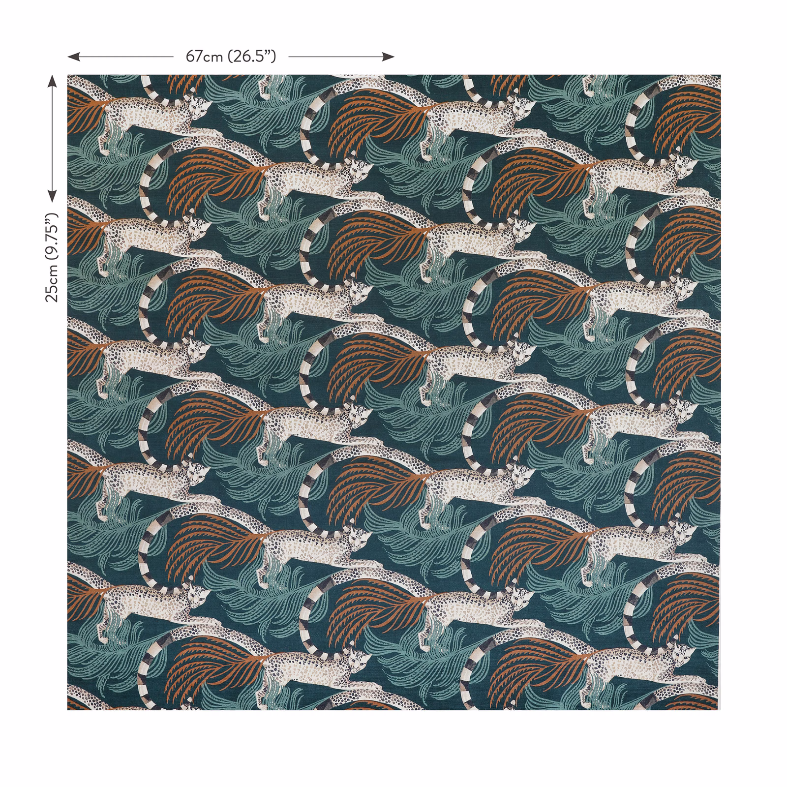 Tuscan teal velvet with repeating cream tigers, rust stripes and leafy wave motifs