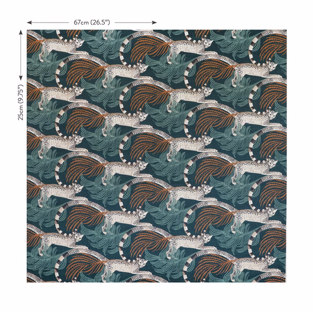 Tuscan teal velvet with repeating cream tigers, rust stripes and leafy wave motifs