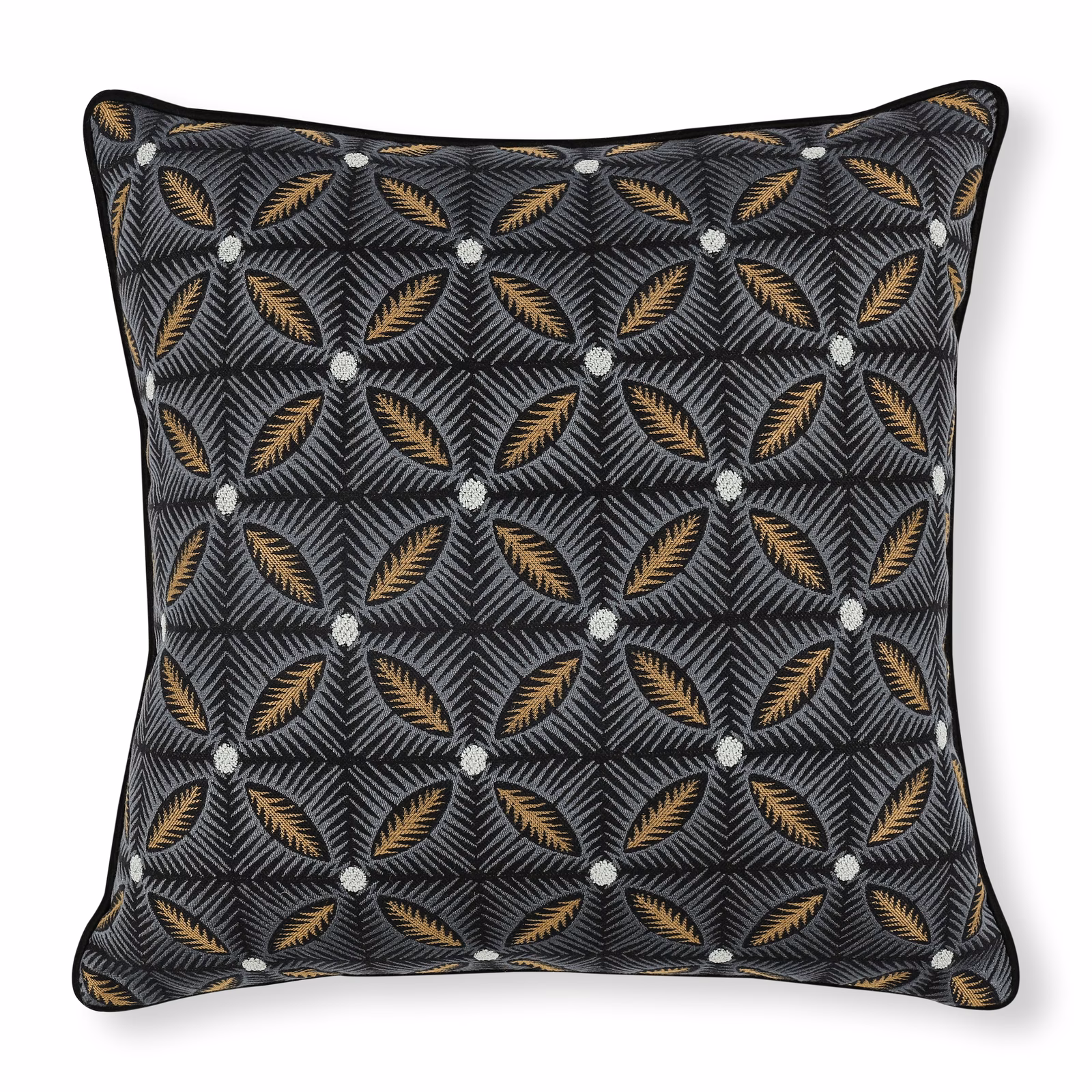 Midnight charcoal cushion fabric with bronze leaf motifs and pale diamond accents