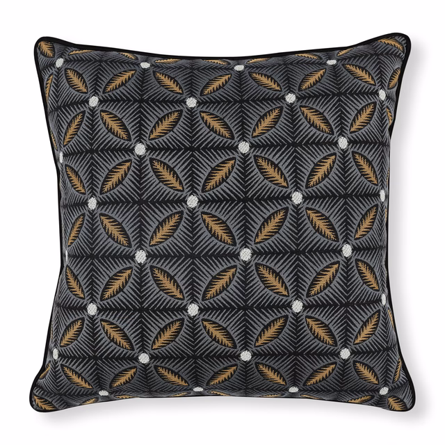 Midnight charcoal cushion fabric with bronze leaf motifs and pale diamond accents
