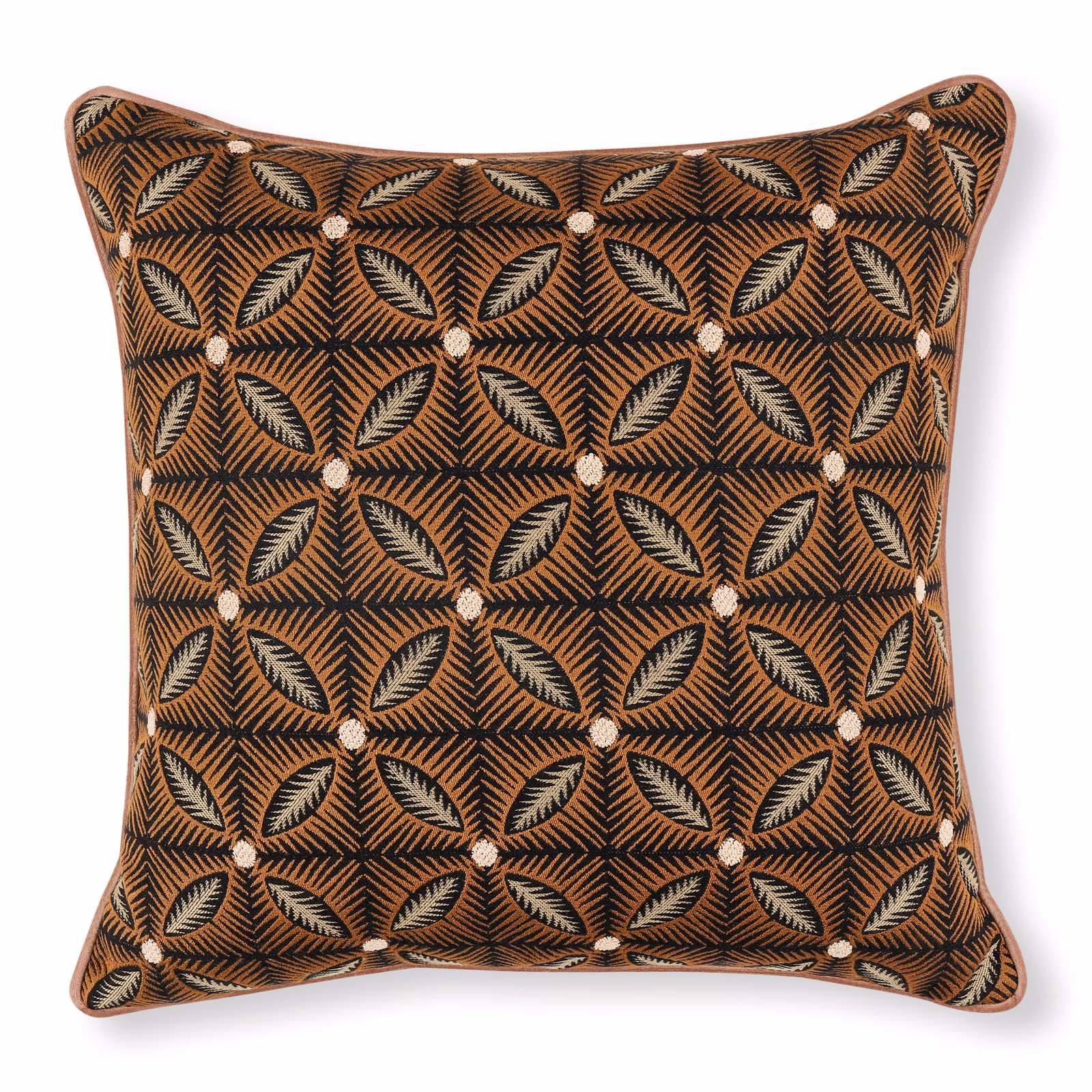 Warm sienna cushion fabric with charcoal geometric leaves and pale cream accents