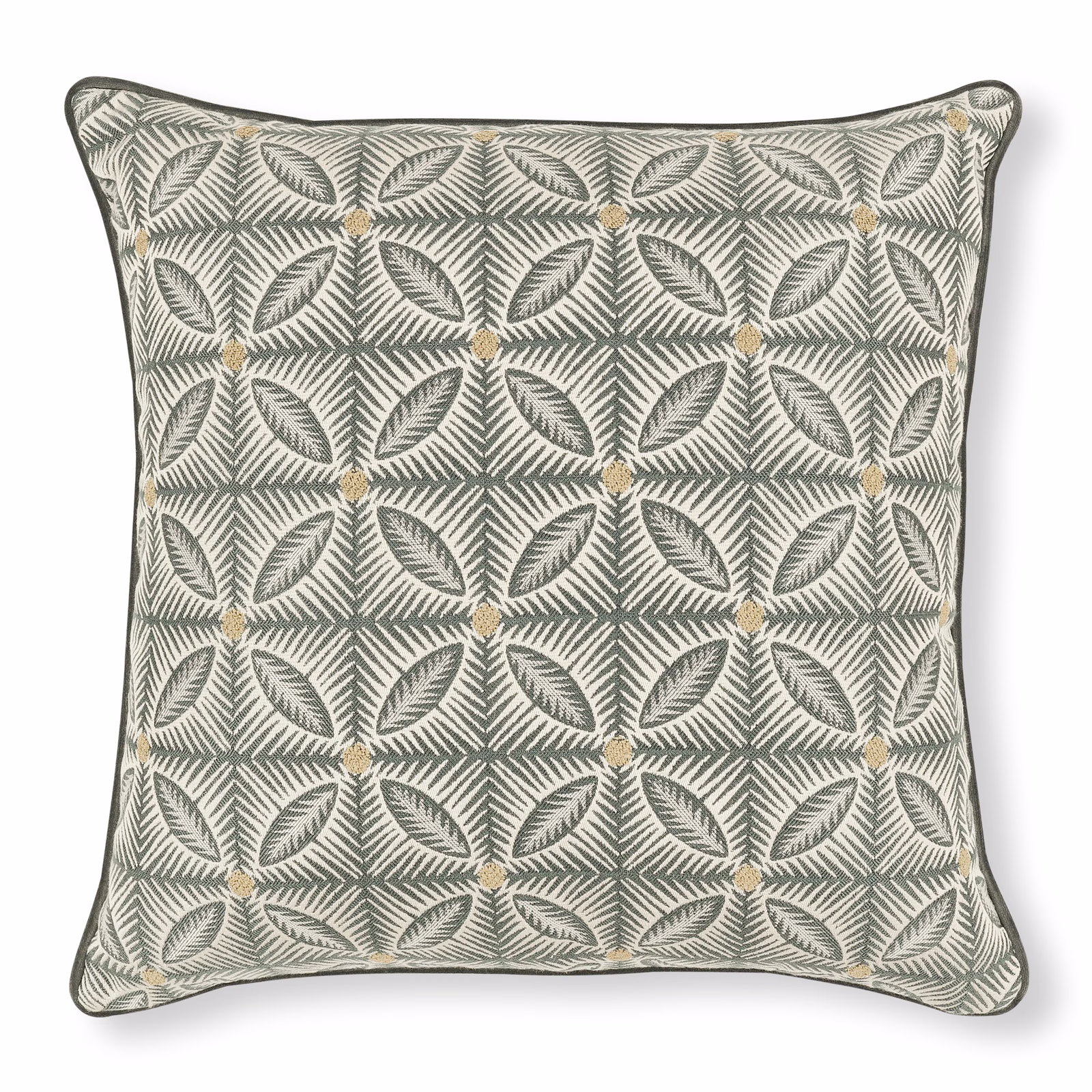 Silver-grey cushion with repeating fern leaves, angular lattice and warm gold diamond accents
