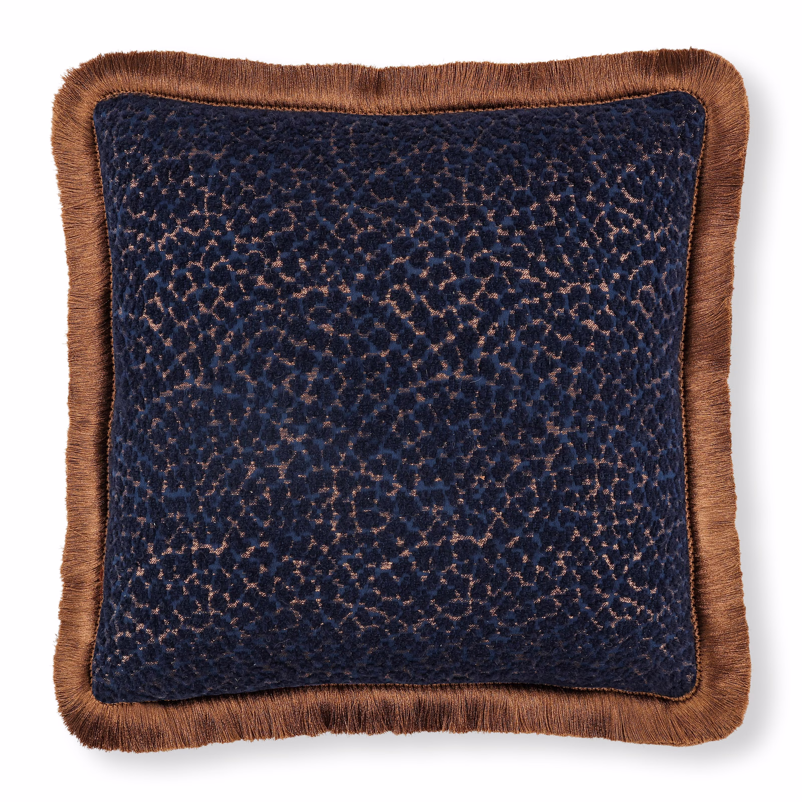 Deep indigo mottled textile with raised texture and warm brown fringed edge