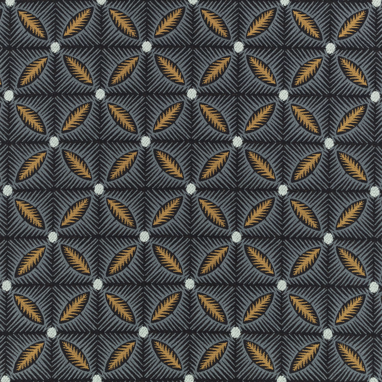 Blue-charcoal fabric with ochre leaves, pale blue joints and chevron-textured ground