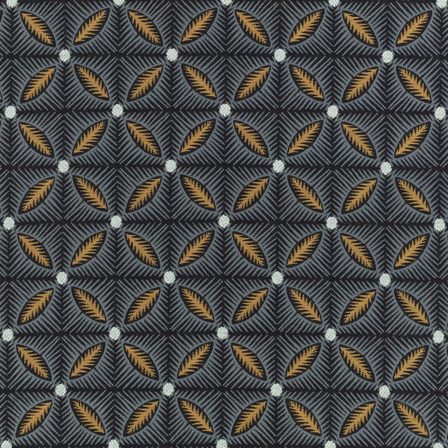 Blue-charcoal fabric with ochre leaves, pale blue joints and chevron-textured ground