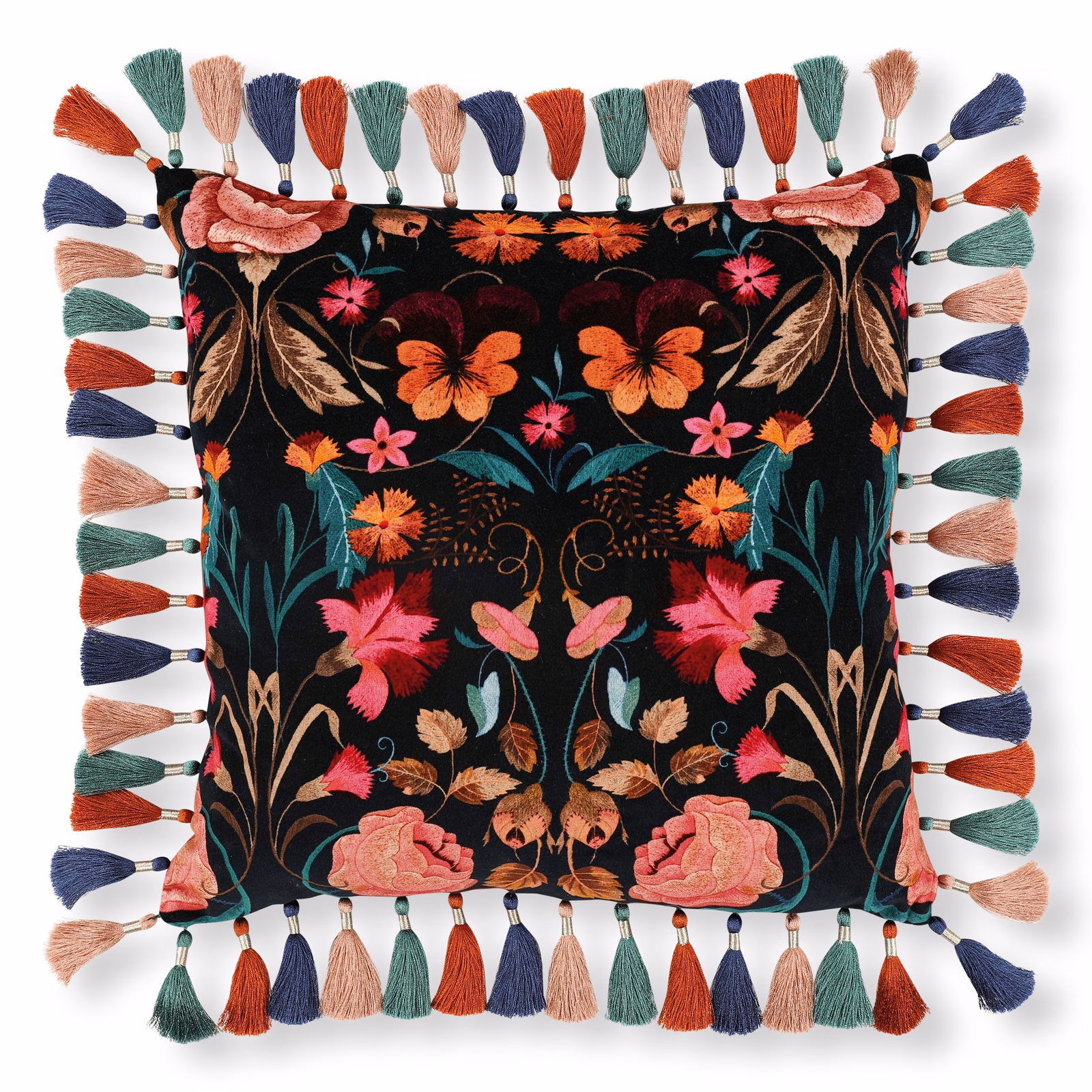 Black floral textile with coral roses, teal foliage and multicoloured tassel edging