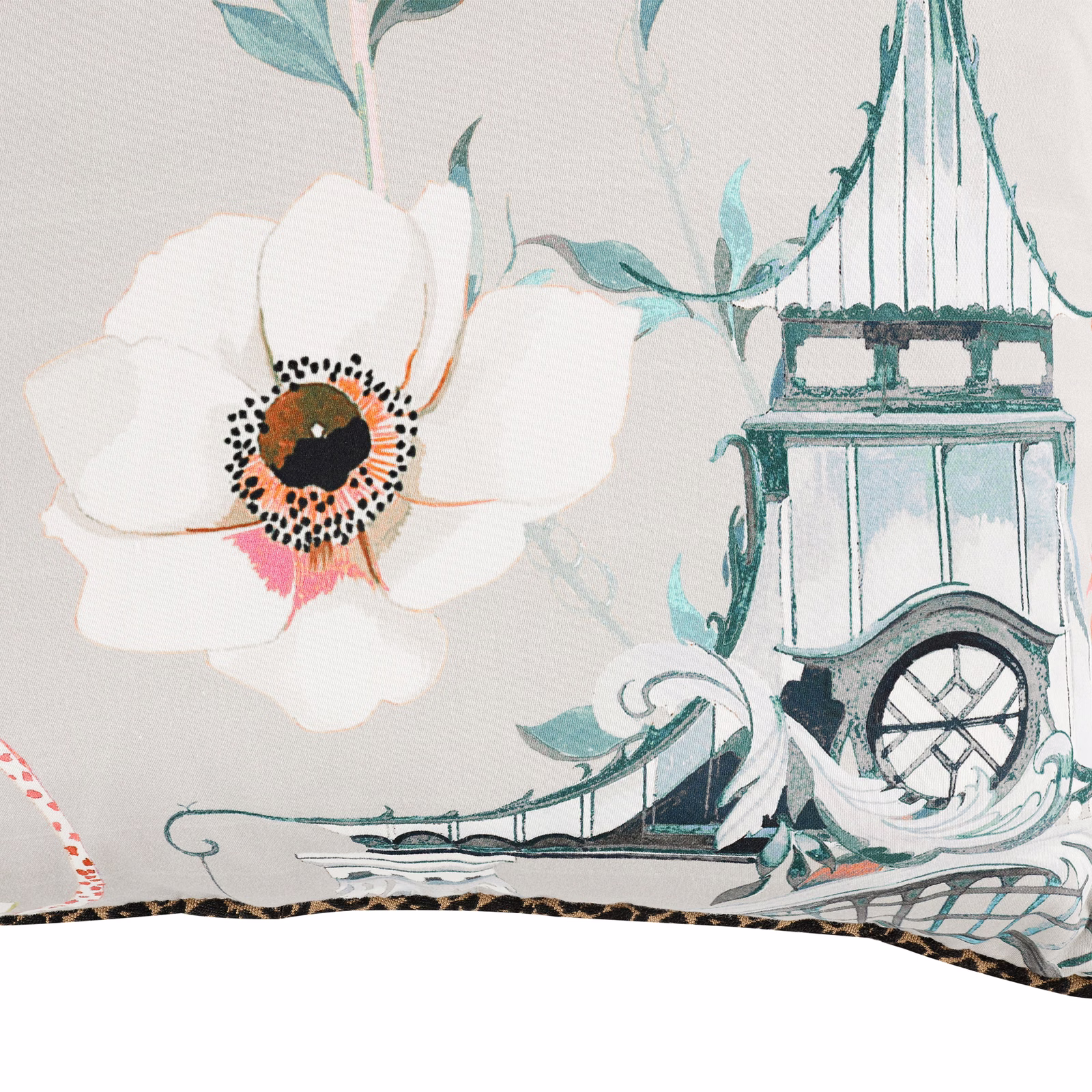 Pale grey fabric with coral-centred flower and teal clock-tower illustration