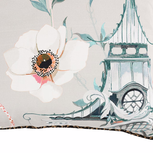 Pale grey fabric with coral-centred flower and teal clock-tower illustration