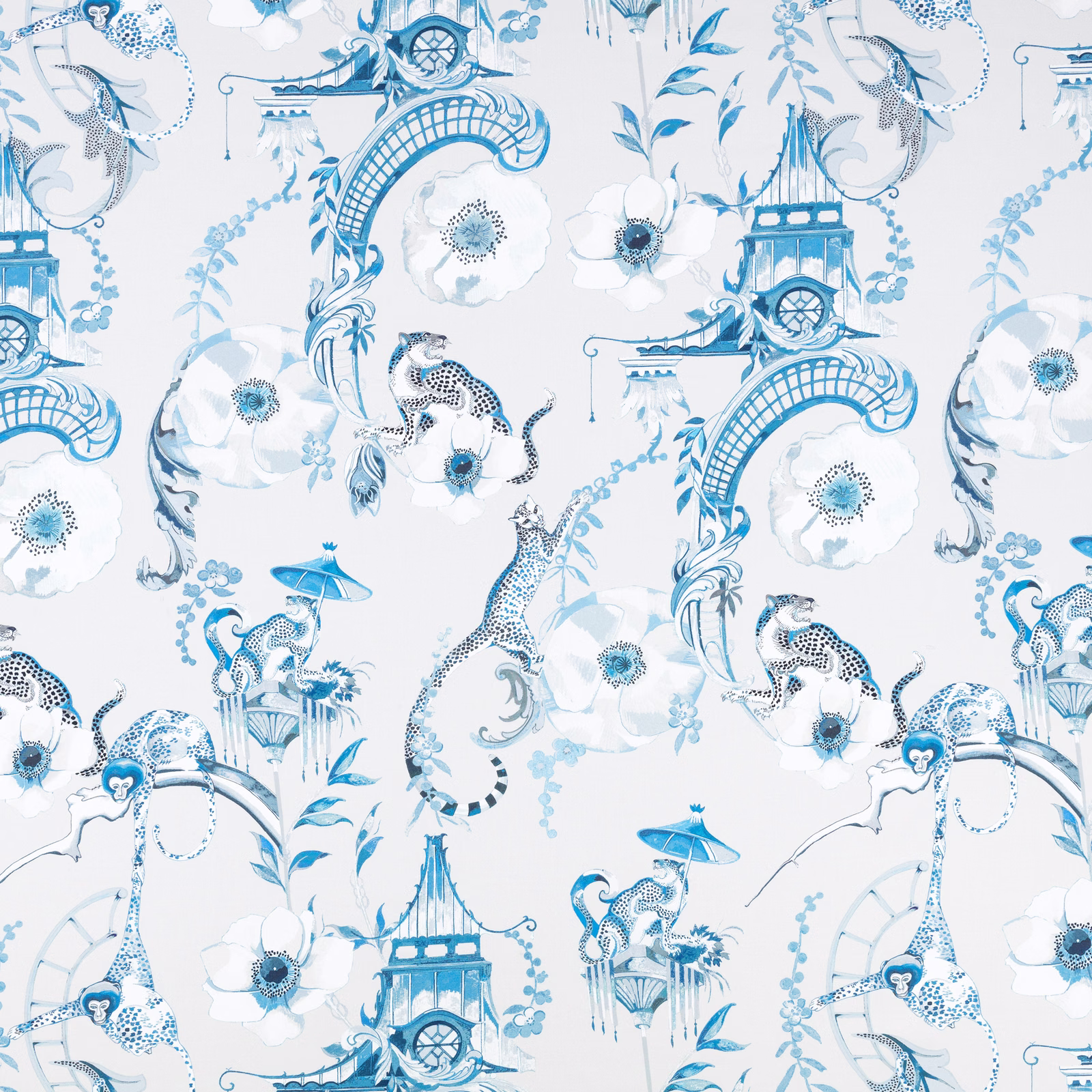 China blue and white chinoiserie print with pagodas, flowers and birds