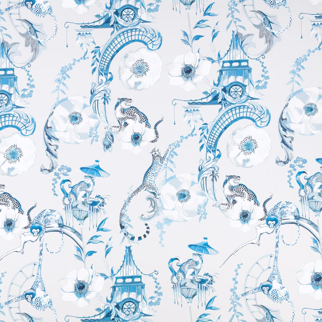 China blue and white chinoiserie print with pagodas, flowers and birds