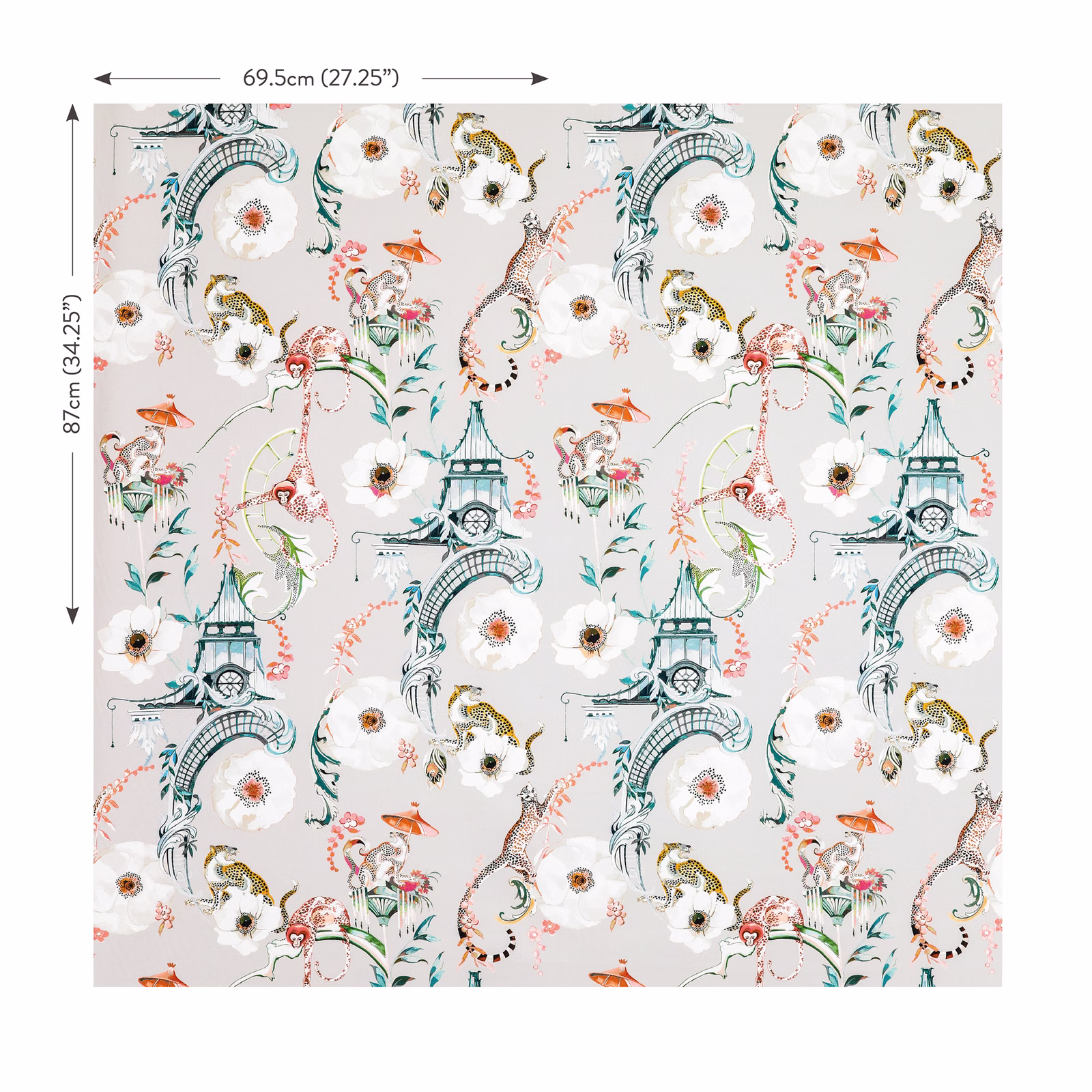 Pale grey fabric with coral flowers, teal towers, giraffes and illustrated birds