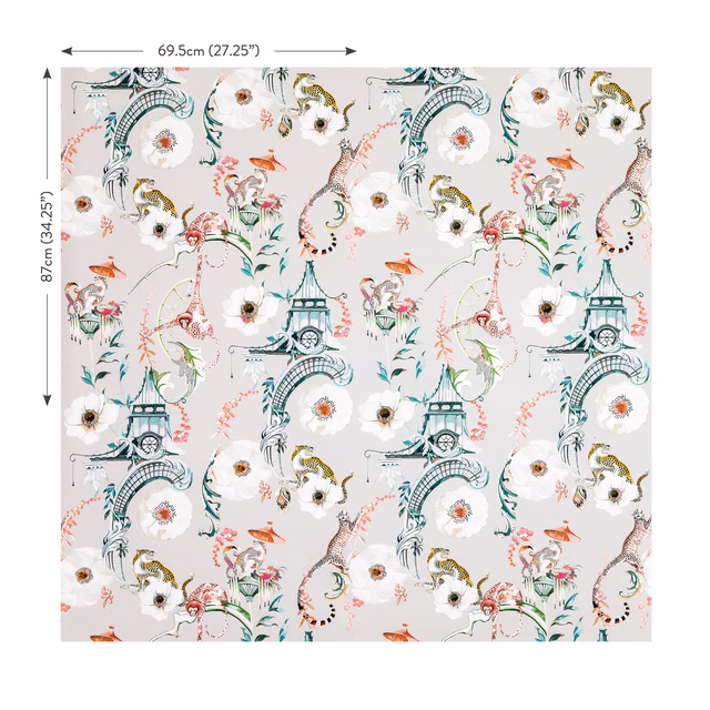 Pale grey fabric with coral flowers, teal towers, giraffes and illustrated birds