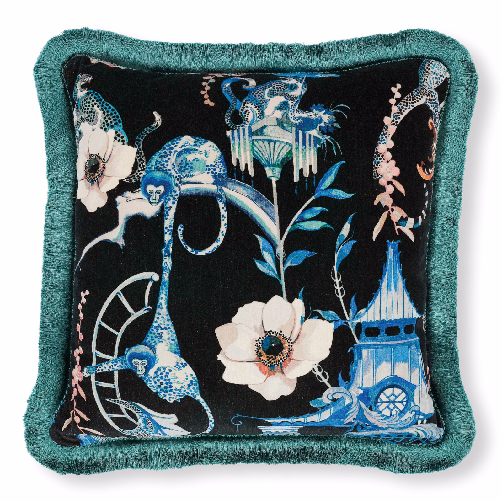 Black velvet cushion with cobalt peacocks, pale flowers, blue towers and teal fringe