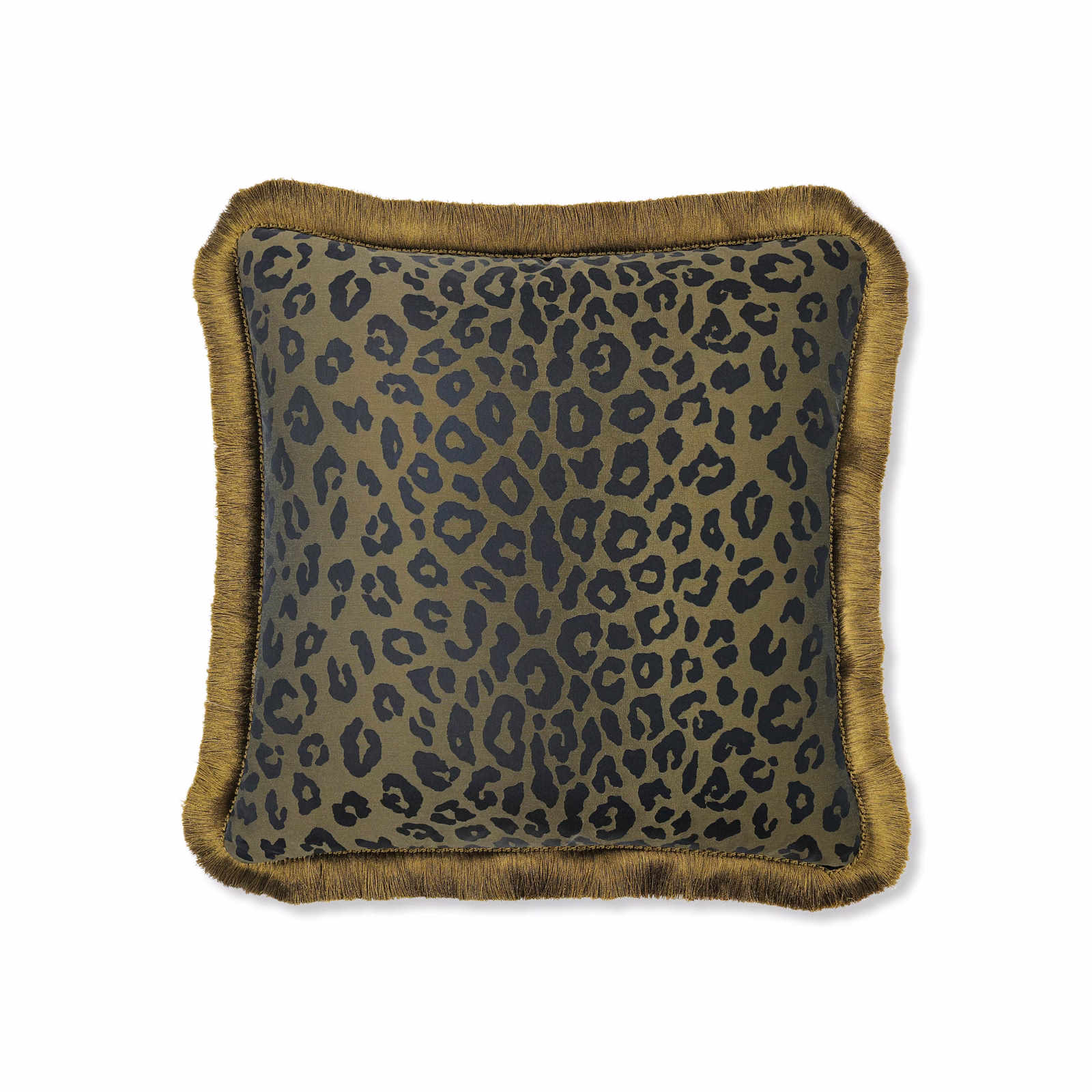 Muted olive velvet cushion with dark leopard spots and shaggy gold-brown fringe