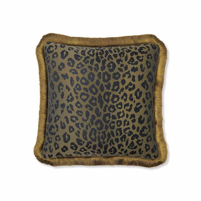 Muted olive velvet cushion with dark leopard spots and shaggy gold-brown fringe