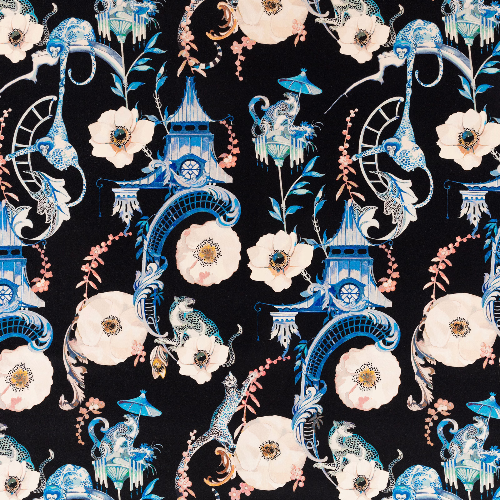 Cobalt blue chinoiserie flowers and birds on a richly patterned black velvet