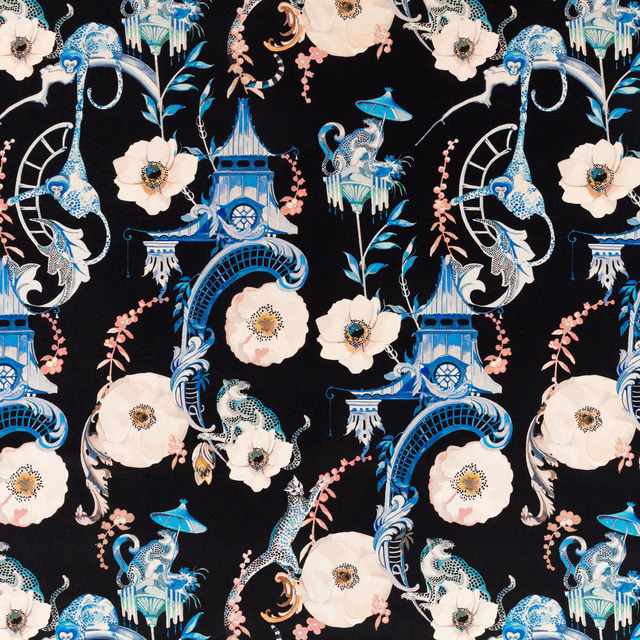 Cobalt blue chinoiserie flowers and birds on a richly patterned black velvet