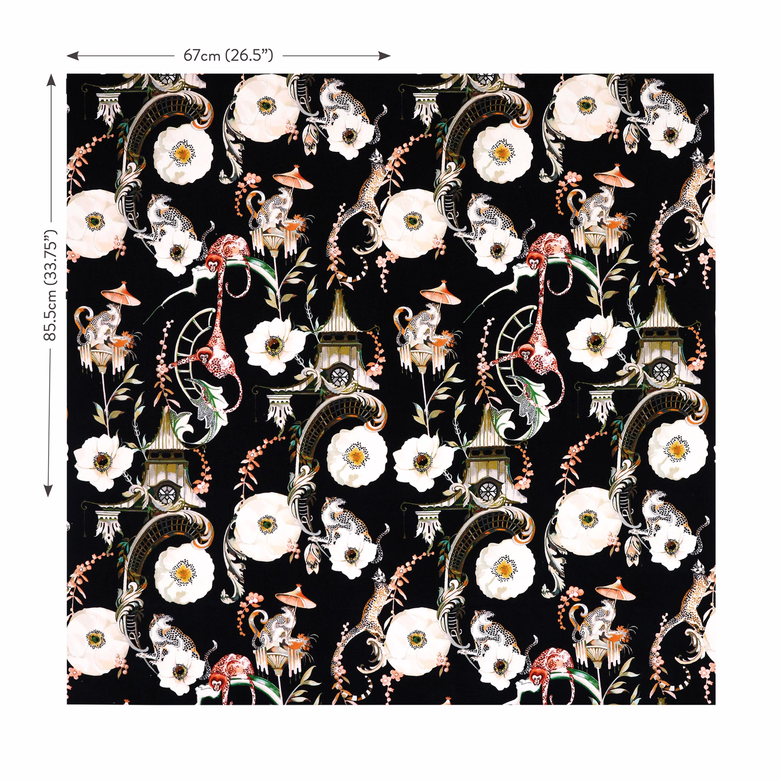 Black velvet with ivory flowers, exotic birds, foliage and ornate garden motifs