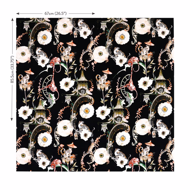 Black velvet with ivory flowers, exotic birds, foliage and ornate garden motifs