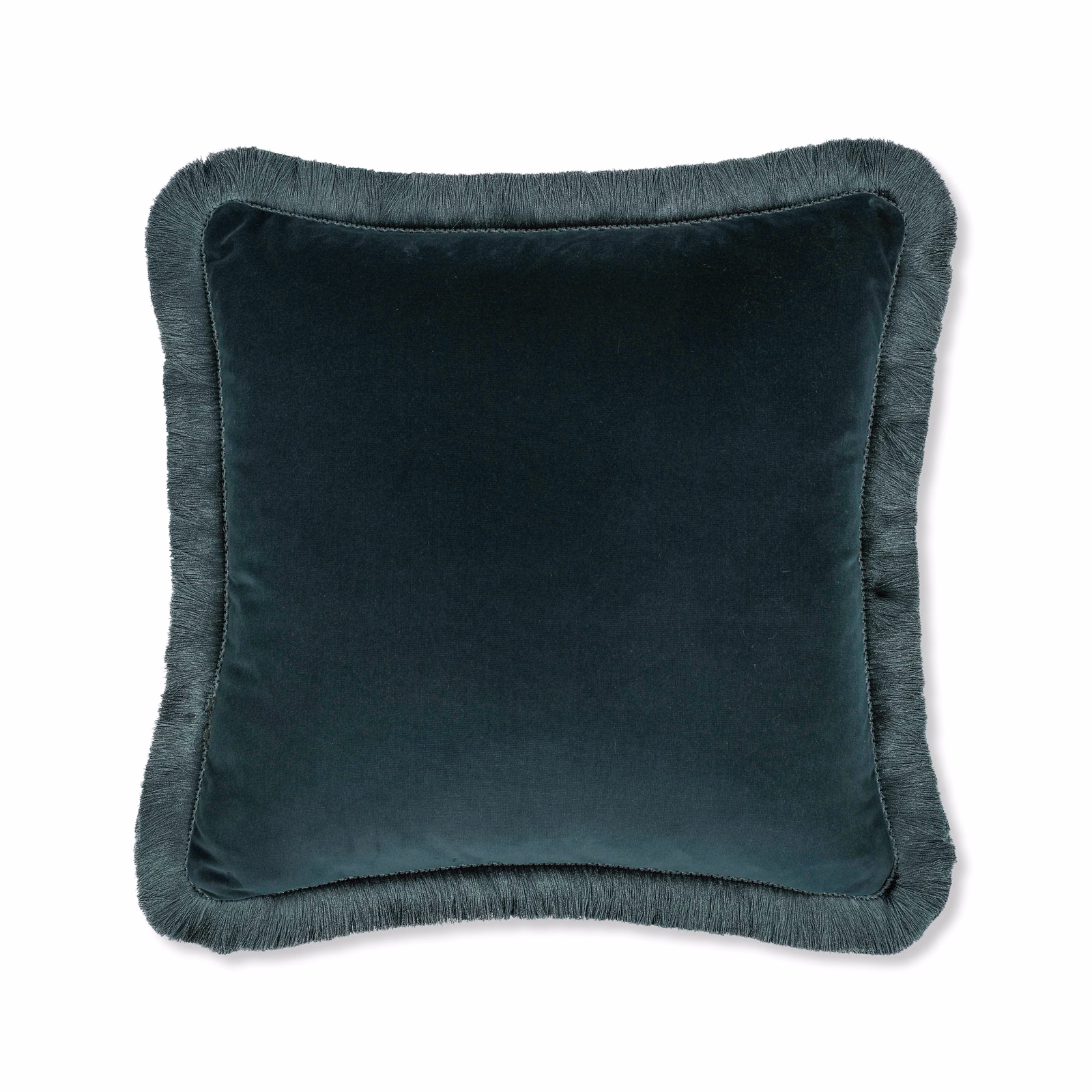 Deep blue-green velvet cushion with softly brushed surface and fringed border