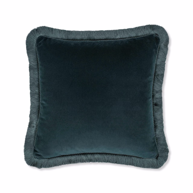 Deep blue-green velvet cushion with softly brushed surface and fringed border