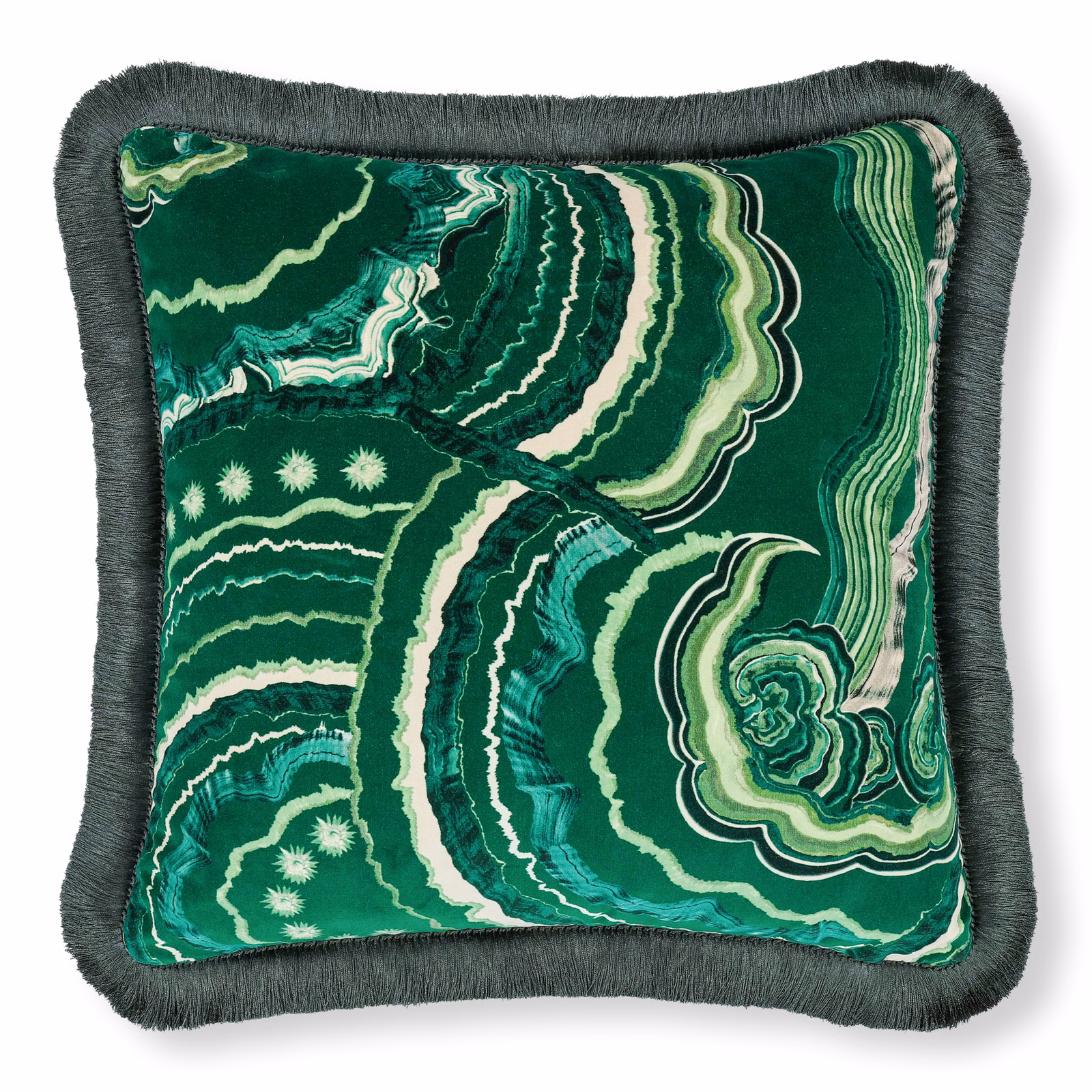Deep malachite green cushion with cream agate-like swirls and dark charcoal fringe