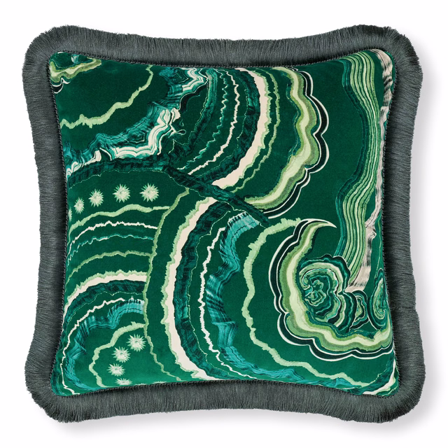 Deep malachite green cushion with cream agate-like swirls and dark charcoal fringe