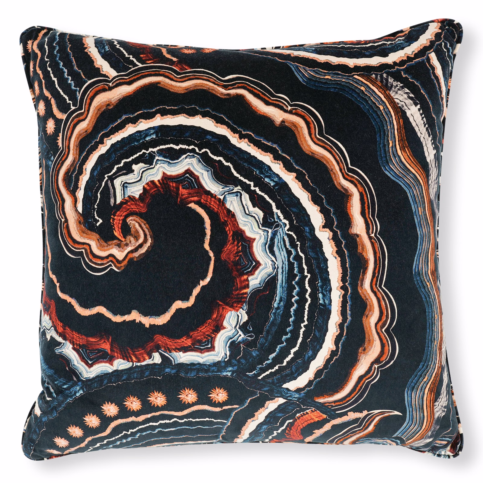 Dark Celestial cushion with swirling agate bands in rust, ivory, blue and red