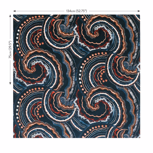 Midnight blue velvet with coral, ivory and teal coiled paisley motifs