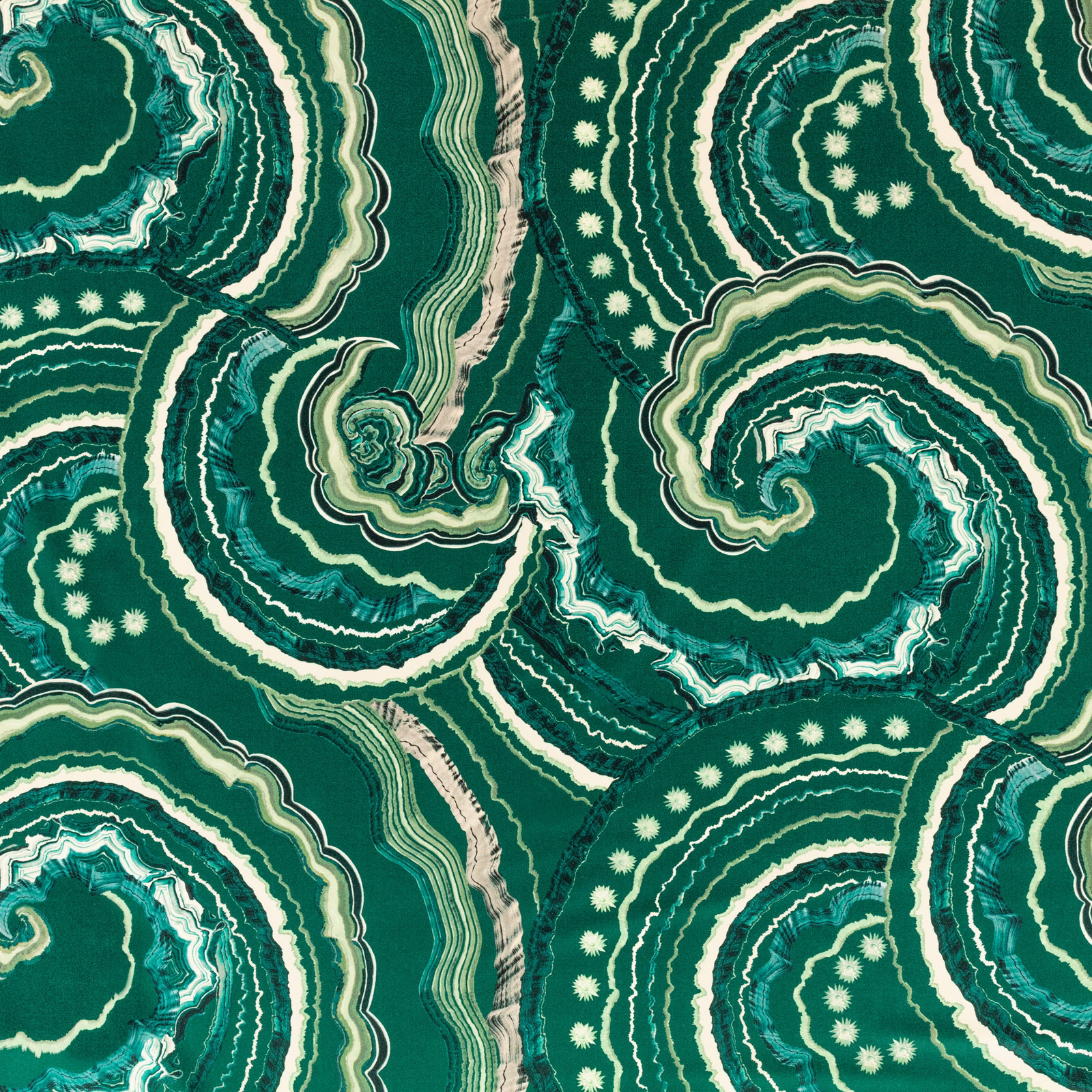 Deep malachite green velvet with swirling teal, ivory and pale green agate-like bands