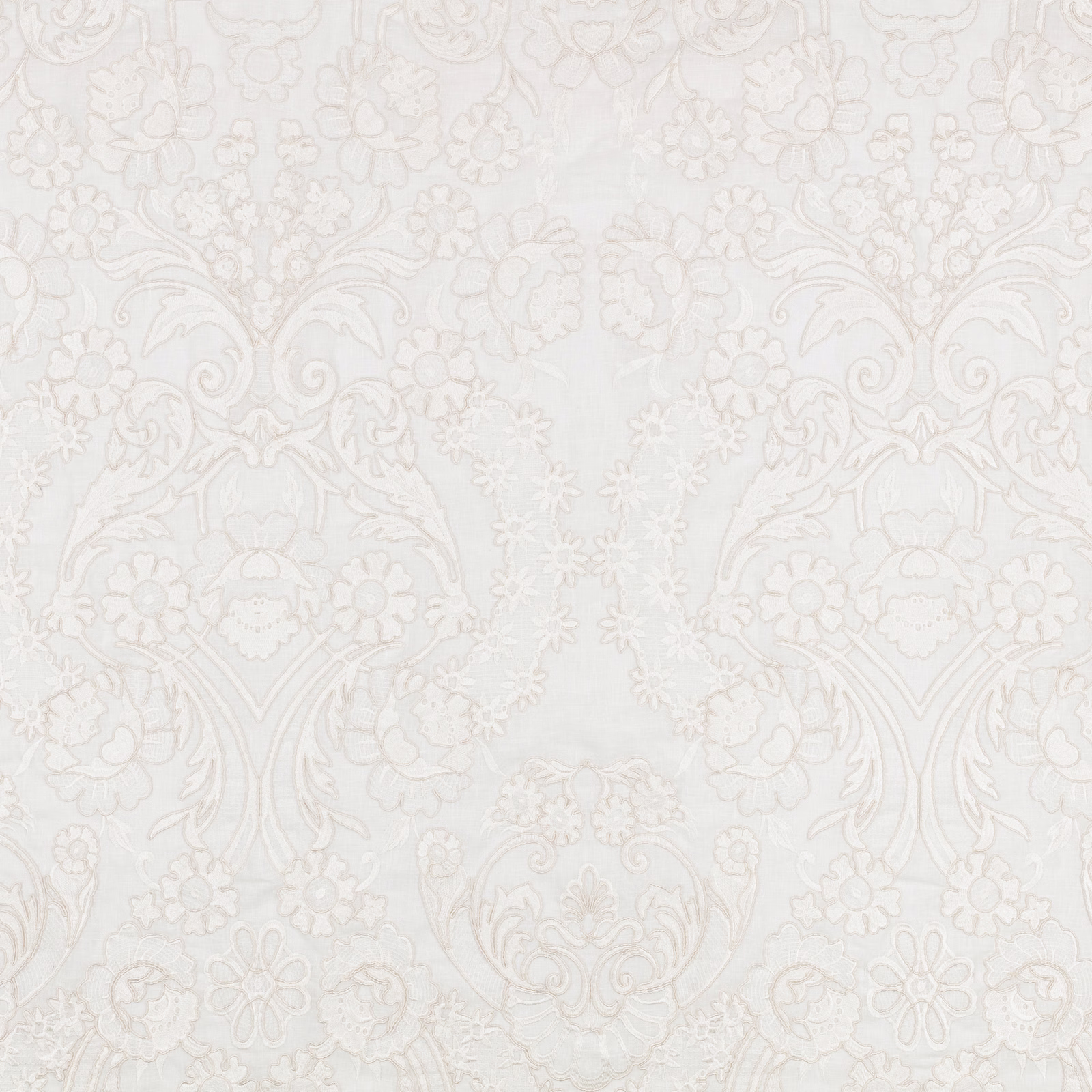 Pale jasmine textile with symmetrical taupe floral damask and delicate scrolling detail